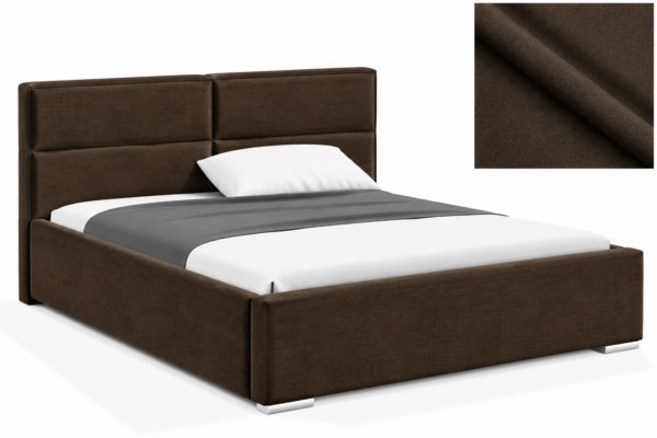 Milo gestoffeerd bed met opbergruimte in stof Casablanca, met een hoog hoofdbord en horizontale vlakverdeling.