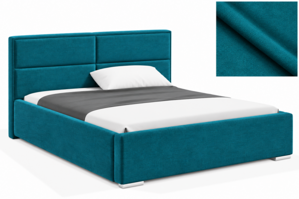 Milo gestoffeerd bed met opbergruimte in stof Casablanca, met een hoog hoofdbord en horizontale vlakverdeling.