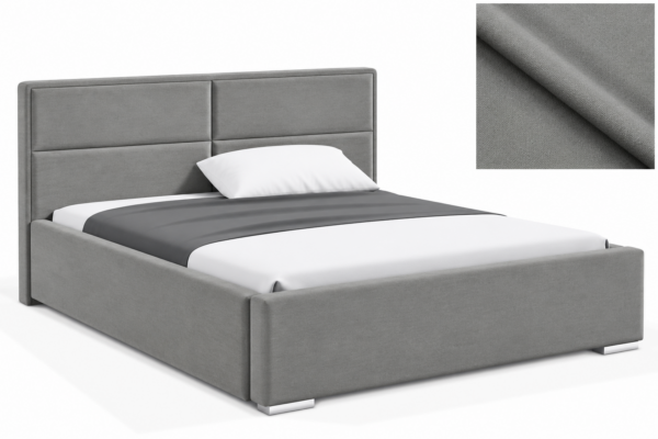 Milo gestoffeerd bed met opbergruimte in stof Casablanca, met een hoog hoofdbord en horizontale vlakverdeling.