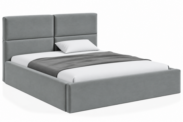VELLO II gestoffeerd bed met opbergruimte in vlekbestendige stof Casablanca, met een hoog hoofdbord en horizontale vlakverdeling.