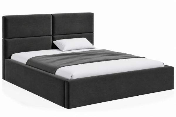VELLO II gestoffeerd bed met opbergruimte in vlekbestendige stof Casablanca, met een hoog hoofdbord en horizontale vlakverdeling.