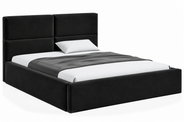 VELLO II gestoffeerd bed met opbergruimte in vlekbestendige stof Casablanca, met een hoog hoofdbord en horizontale vlakverdeling.