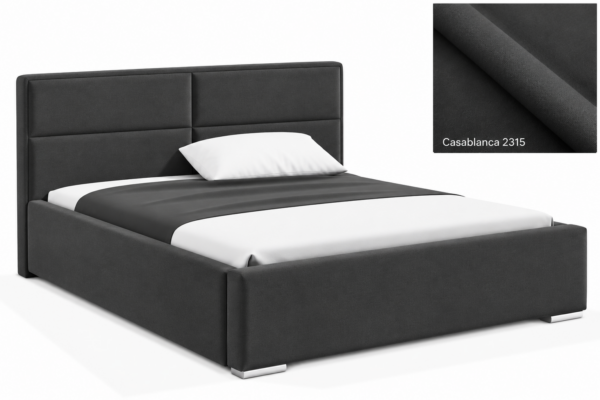 Milo gestoffeerd bed met opbergruimte in stof Casablanca, met een hoog hoofdbord en horizontale vlakverdeling.