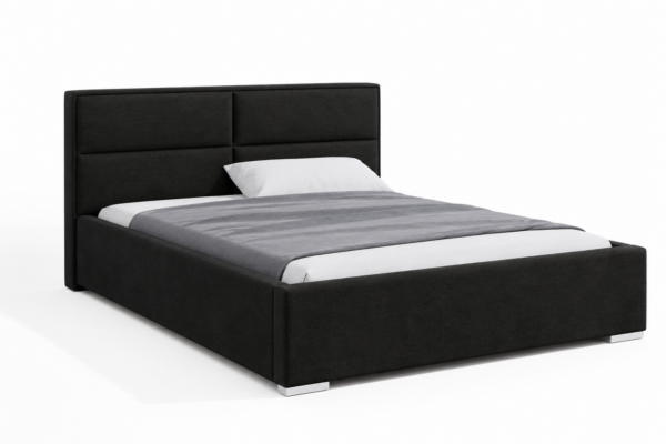 Milo gestoffeerd bed met opbergruimte in stof Casablanca, met een hoog hoofdbord en horizontale vlakverdeling.
