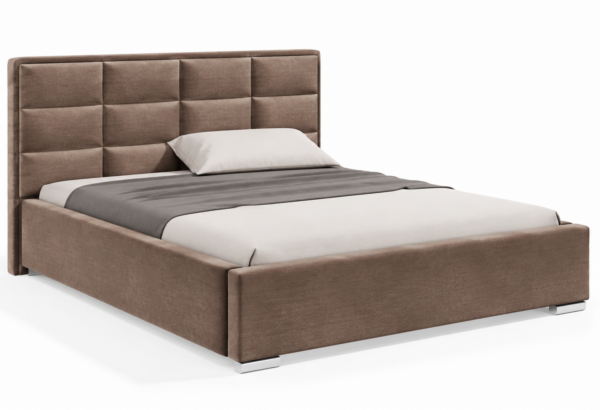 Moet gestoffeerd bed met opbergruimte in donkergroene stof Monolith, met een hoog hoofdbord en vierkante vlakverdeling.