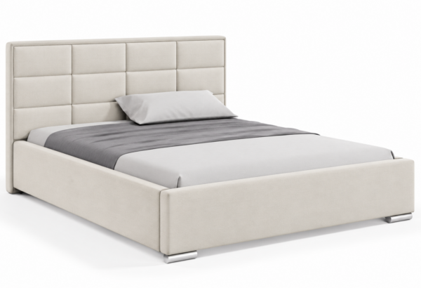 Moet gestoffeerd bed met opbergruimte in meubelstof Casablanca 2301, voorzien van een hoog hoofdbord met elegante vierkante vlakverdeling.