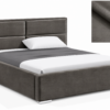 MILO gestoffeerd bed met opbergruimte in mosterdgele stof Monolith, met een hoog hoofdbord en horizontale vlakverdeling.