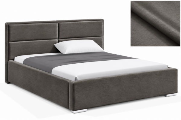 MILO gestoffeerd bed met opbergruimte in mosterdgele stof Monolith, met een hoog hoofdbord en horizontale vlakverdeling.