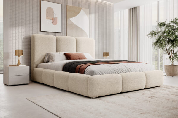 Crèmekleurig bouclé bed MAFFO in moderne slaapkamer – Now or Never 02