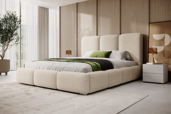 Crèmekleurig bouclé bed MAFFO in moderne slaapkamer – Now or Never 02