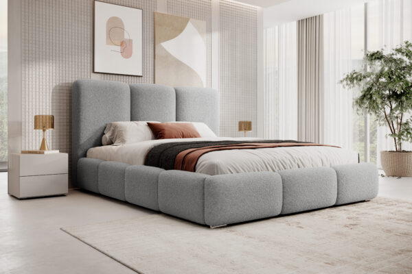 Grijs bouclé bed MAFFO in moderne slaapkamer – Now or Never 83