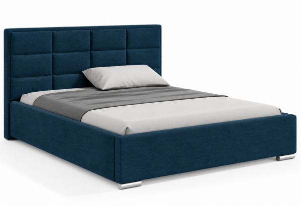 Donkerblauw gestoffeerd bed MOET met hoog hoofdbord