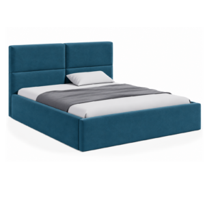 VELLO II gestoffeerd bed met opbergruimte in zachte stof Manila, met een hoog hoofdbord en brede horizontale vlakken.