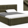 MILO gestoffeerd bed met opbergruimte in mosterdgele stof Monolith, met een hoog hoofdbord en horizontale vlakverdeling.