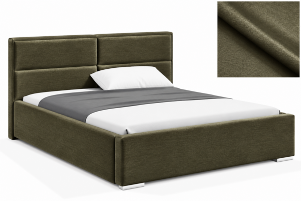 MILO gestoffeerd bed met opbergruimte in mosterdgele stof Monolith, met een hoog hoofdbord en horizontale vlakverdeling.