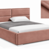 MILO gestoffeerd bed met opbergruimte in mosterdgele stof Monolith, met een hoog hoofdbord en horizontale vlakverdeling.