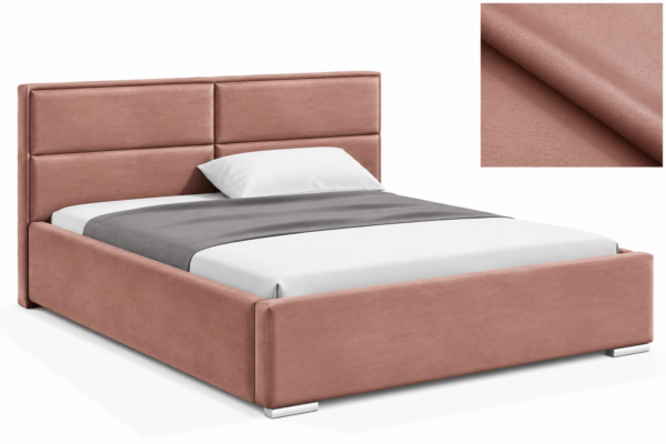 MILO gestoffeerd bed met opbergruimte in mosterdgele stof Monolith, met een hoog hoofdbord en horizontale vlakverdeling.