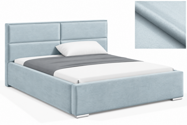 Moet gestoffeerd bed met opbergruimte in mosterdgele stof Monolith, met een hoog hoofdbord en horizontale vlakverdeling.