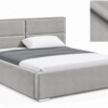MILO gestoffeerd bed met opbergruimte in mosterdgele stof Monolith, met een hoog hoofdbord en horizontale vlakverdeling.