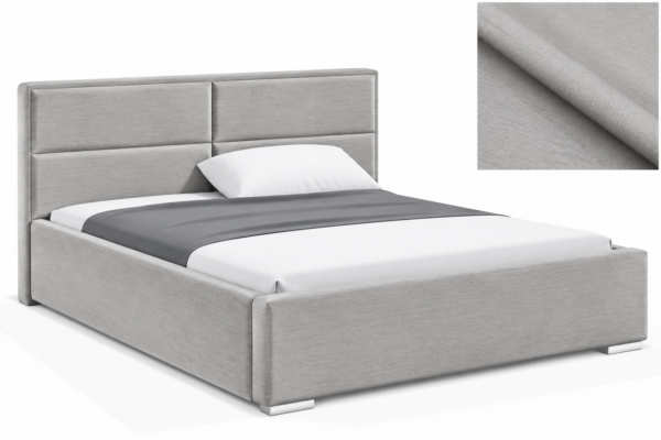 MILO gestoffeerd bed met opbergruimte in mosterdgele stof Monolith, met een hoog hoofdbord en horizontale vlakverdeling.