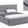 MILO gestoffeerd bed met opbergruimte in mosterdgele stof Monolith, met een hoog hoofdbord en horizontale vlakverdeling.