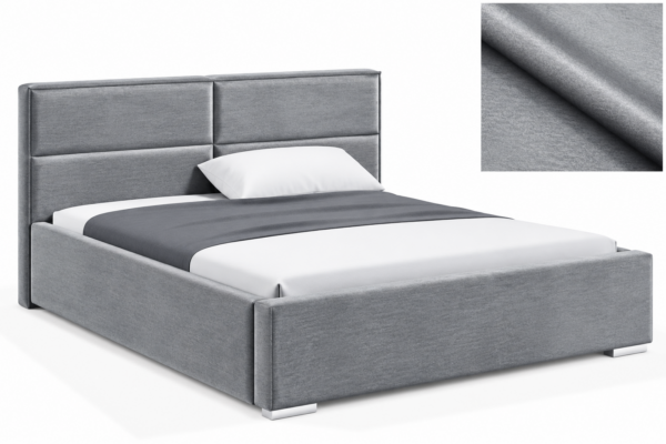 MILO gestoffeerd bed met opbergruimte in mosterdgele stof Monolith, met een hoog hoofdbord en horizontale vlakverdeling.