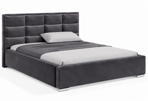 Moet gestoffeerd bed met opbergruimte in donkergroene stof Monolith, met een hoog hoofdbord en vierkante vlakverdeling.