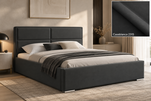 Milo gestoffeerd bed met opbergruimte in stof Casablanca, met een hoog hoofdbord en horizontale vlakverdeling.