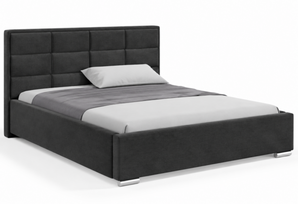 Moet gestoffeerd bed met opbergruimte in meubelstof Casablanca 2315, voorzien van een hoog hoofdbord met elegante vierkante vlakverdeling.