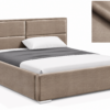 MILO gestoffeerd bed met opbergruimte in mosterdgele stof Monolith, met een hoog hoofdbord en horizontale vlakverdeling.