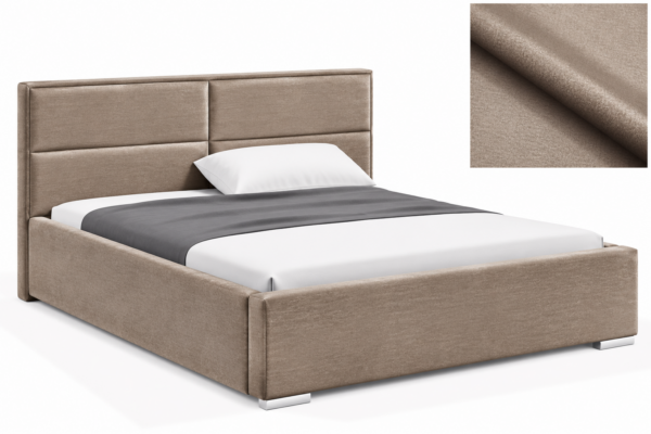 MILO gestoffeerd bed met opbergruimte in mosterdgele stof Monolith, met een hoog hoofdbord en horizontale vlakverdeling.