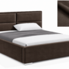 MILO gestoffeerd bed met opbergruimte in mosterdgele stof Monolith, met een hoog hoofdbord en horizontale vlakverdeling.