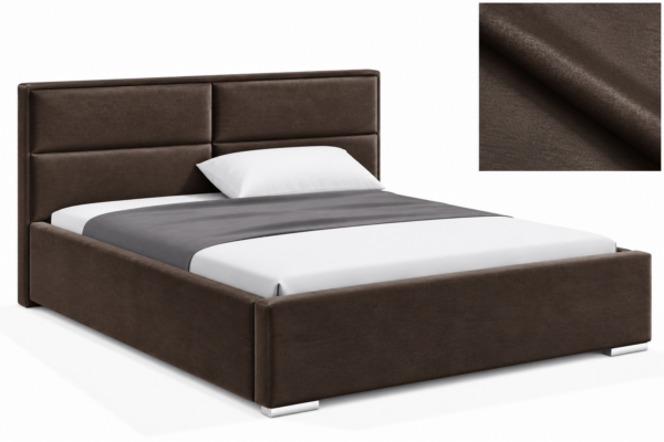 MILO gestoffeerd bed met opbergruimte in mosterdgele stof Monolith, met een hoog hoofdbord en horizontale vlakverdeling.