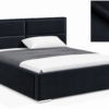 MILO gestoffeerd bed met opbergruimte in mosterdgele stof Monolith, met een hoog hoofdbord en horizontale vlakverdeling.
