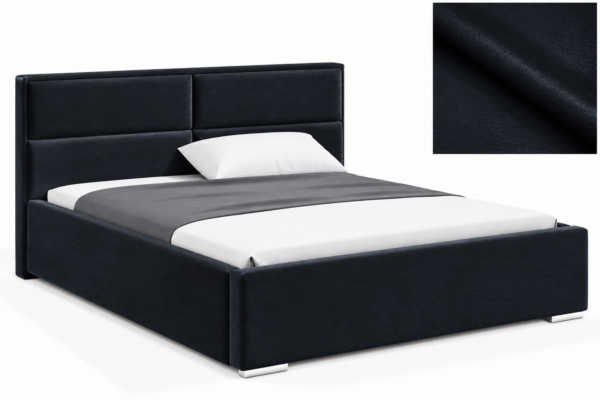 MILO gestoffeerd bed met opbergruimte in mosterdgele stof Monolith, met een hoog hoofdbord en horizontale vlakverdeling.
