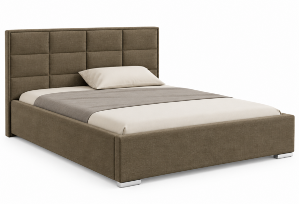 Moet gestoffeerd bed met opbergruimte in de taupekleurige stof Paros 03, met een hoog hoofdbord en vierkante vlakverdeling.