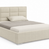 Moet gestoffeerd bed met opbergruimte in de beige stof Paros 01, met een hoog hoofdbord en moderne vlakverdeling.