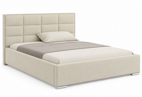 Moet gestoffeerd bed met opbergruimte in de beige stof Paros 01, met een hoog hoofdbord en moderne vlakverdeling.
