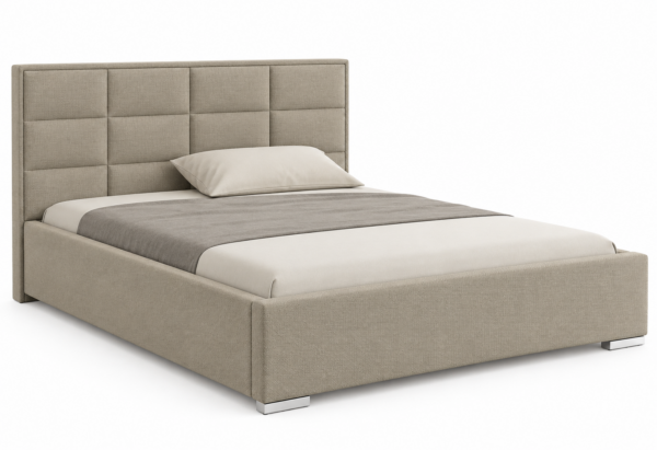 Moet gestoffeerd bed met opbergruimte in de stof Paros 02, met een hoog hoofdbord en stijlvolle vierkante vlakverdeling.