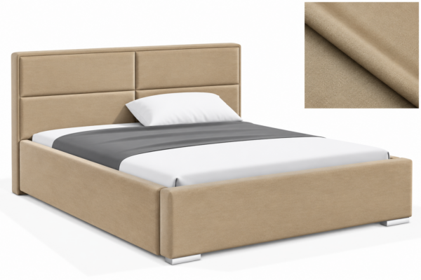 Milo gestoffeerd bed met opbergruimte in stof Casablanca, met een hoog hoofdbord en horizontale vlakverdeling.