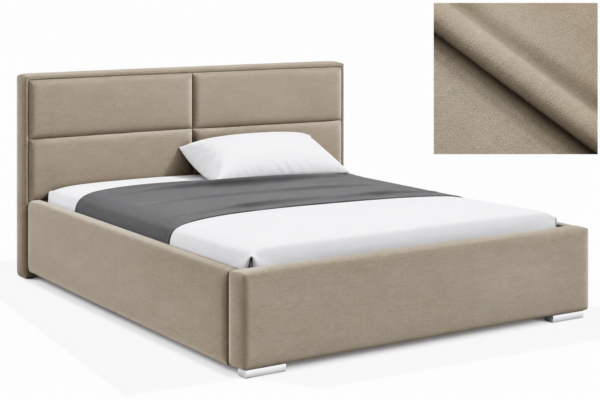 Milo gestoffeerd bed met opbergruimte in stof Casablanca, met een hoog hoofdbord en horizontale vlakverdeling.