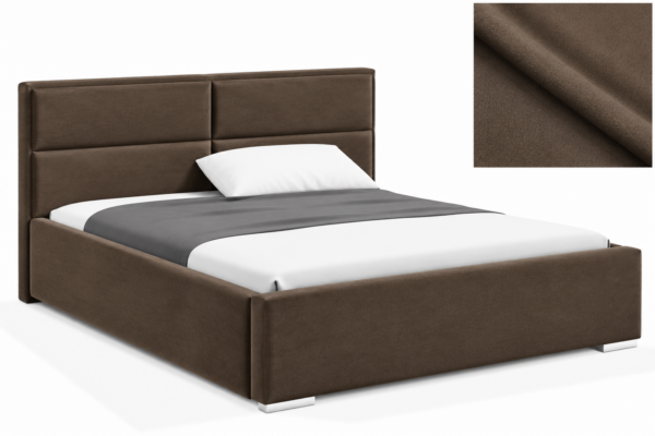 Milo gestoffeerd bed met opbergruimte in stof Casablanca, met een hoog hoofdbord en horizontale vlakverdeling.