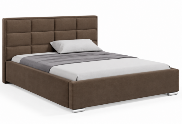 Moet gestoffeerd bed met opbergruimte in meubelstof Casablanca 2306, voorzien van een hoog hoofdbord met elegante vierkante vlakverdeling.
