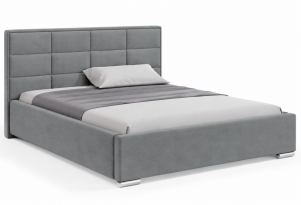 Moet gestoffeerd bed met opbergruimte in meubelstof Casablanca 2314, voorzien van een hoog hoofdbord met elegante vierkante vlakverdeling.