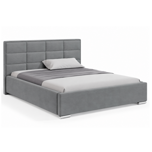 Moet gestoffeerd bed met opbergruimte in meubelstof Casablanca 2314, voorzien van een hoog hoofdbord met elegante vierkante vlakverdeling.