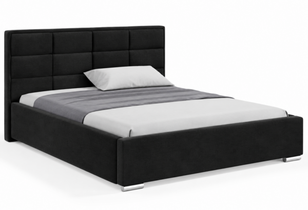 Moet gestoffeerd bed met opbergruimte in meubelstof Casablanca 2316, voorzien van een hoog hoofdbord met elegante vierkante vlakverdeling.
