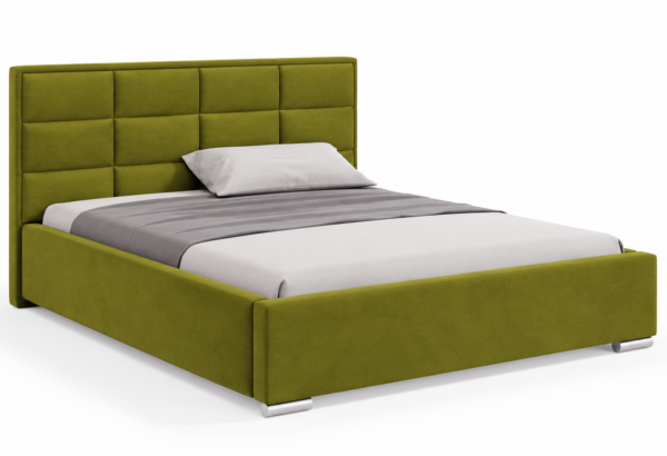 Moet gestoffeerd bed met opbergruimte in meubelstof Casablanca 2312, voorzien van een hoog hoofdbord met elegante vierkante vlakverdeling.