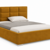 Moet gestoffeerd bed met opbergruimte in mosterdgele stof Kronos 01, met een hoog hoofdbord en vierkante vlakverdeling.