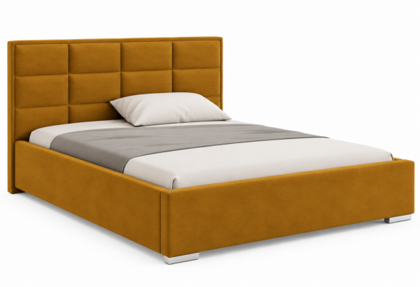 Moet gestoffeerd bed met opbergruimte in mosterdgele stof Kronos 01, met een hoog hoofdbord en vierkante vlakverdeling.