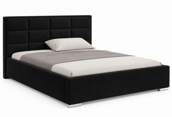 Moet zwart gestoffeerd bed met opbergruimte in de stof Kronos 07, met een hoog hoofdbord en vierkante vlakverdeling.
